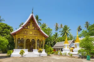 Lao Pdr Prints: Wat Paphaimisaiyaram temple and stupas in front of monks quarters, Luang Prabang