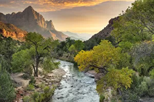 Tranquil Scene Collection: Watchman Mountain (1998m) and Virgin River, Zion National Park; Colorado Plateau; Utah