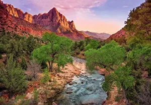 Western Prints: Watchman Mountain and Virgin River View at sunset, Zion National Park, Utah, USA