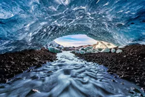 Iceland Gallery: Water Flowing Out of Glacial Ice Cave, Iceland