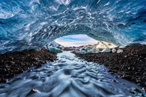 Iceland Gallery: Water Flowing Out of Glacial Ice Cave, Iceland