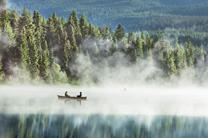 Cascade Range Prints: Water impression angler boat in Trillium Lake - USA, Oregon, Clackamas