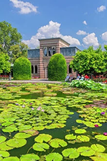 Images Dated 23rd May 2023: Water Lily pond with Moorish Manqueting Hall, zoological and botanical gardens, Wilhelma, Stuttgart