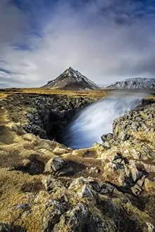 Water spry from a cave, Arnarstapi, Snaefellsnes Peninsula, Iceland, Northern Europe