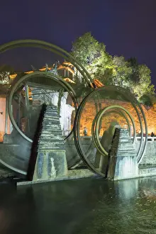 Yunnan Prints: Water wheels at dusk, Lijiang (UNESCO World Heritage Site), Yunnan, China