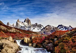 Images Dated 3rd April 2018: Waterfall on Arroyo del Salto and Mount Fitz Roy, Los Glaciares National Park, Santa