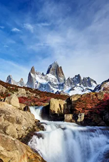 Waterfall on Arroyo del Salto and Mount Fitz Roy, Los Glaciares National Park, Santa