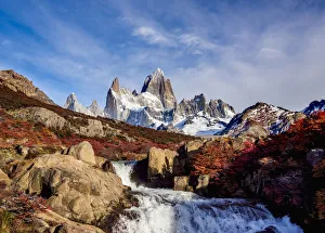 Waterfall on Arroyo del Salto and Mount Fitz Roy, Los Glaciares National Park, Santa