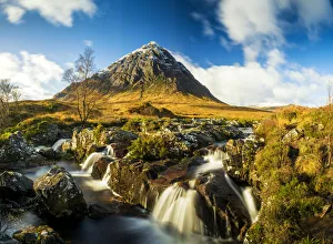 Highland Region Prints: Waterfall and Buachaille Etive Mor, Glen Coe, Highland Region, Scotland