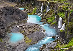 Waterfalls and blue rivers of Sigoldugljufur or Valley of Tears, Southern Highlands