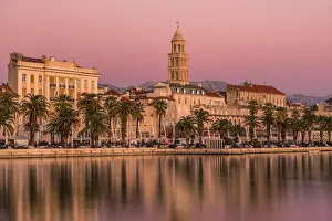 Waterfront with Cathedral of St. Domnius in the background at sunset, Split, Dalmatia