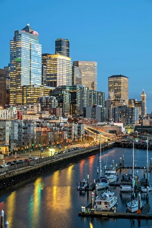 Washington Prints: Waterfront and downtown's skyline at dusk, Seattle, Washington, USA