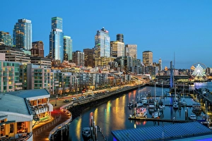 Washington Prints: Waterfront and downtown's skyline at dusk, Seattle, Washington, USA