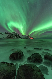 Aurora Borealis Prints: Waves of the arctic sea lit by the Aurora Borealis, Tungeneset, Senja, Troms, Norway