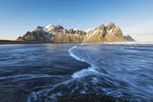 Black Sand Prints: waves at Black beach, Mount Vestrahorn, Stokksnes, Eastern Region, Iceland