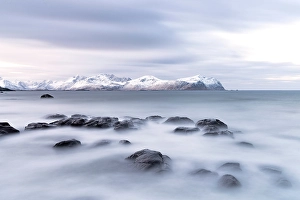 Lofoten Prints: Waves of the cold arctic sea crashing on rocks, Vikten, Flakstad, Lofoten Islands, Norway