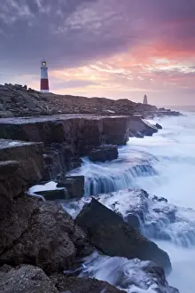 Waves Prints: Waves crash against the limestone ledges near the lighthouse at Portland Bill