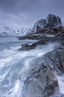 Hamnoy Prints: Waves crashing on the cliffs near the houses of the fishermen