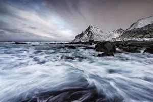 Rugged Peak Prints: Waves crushing along the coast at Vikten, Lofoten islands, Norway