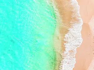 West Indies Prints: Waves of the turquoise sea washing a fine pink sand of exotic beach