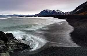 Southeast Iceland Prints: Waves washing up black sand beach, Eystrahorn, Southeast Iceland
