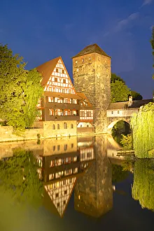 Weinstadel and River Pegnitz at dusk, Nuremberg, Bavaria, Germany