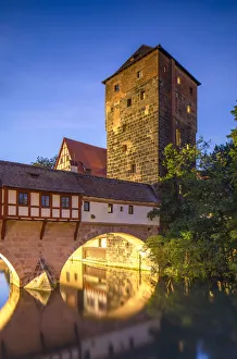 Images Dated 11th October 2018: Weinstadel and River Pegnitz at dusk, Nuremberg, Bavaria, Germany