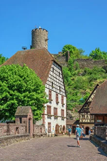 Alsace Gallery: Weir bridge above river Weiss at Kaysersberg with Kaysersberg castle, Haut-Rhin, Alsace