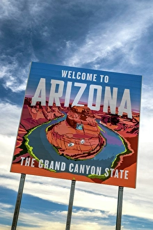 Advertising Prints: Welcome to Arizona sign along US Highway 89, Utah/Arizona border, USA
