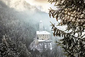 Valle Aurina Prints: Welsberg Castle(Monguelfo castle) in the morning fog after a snowfall