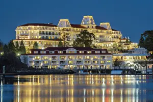 Northeast Prints: Wentwoth by the Sea Resort with holiday lights, New Castle, New Hampshire, USA