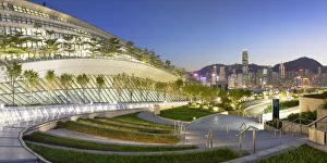 West Kowloon High Speed Rail Station and skyline at dusk, Kowloon, Hong Kong