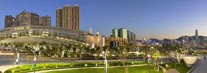 West Kowloon High Speed Rail Station and skyline at dusk, Kowloon, Hong Kong