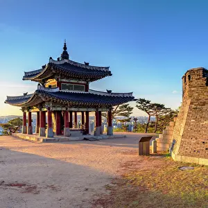 Ancient Monument Prints: Western Command Post (Seojangdae) of Hwaseong Fortress (UNESCO World Heritage Site) at sunrise