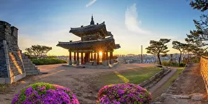 Ancient Monument Prints: Western Command Post (Seojangdae) of Hwaseong Fortress (UNESCO World Heritage Site) at sunrise