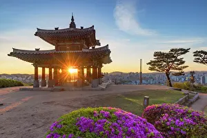 Ancient Monument Prints: Western Command Post (Seojangdae) of Hwaseong Fortress (UNESCO World Heritage Site) at sunrise