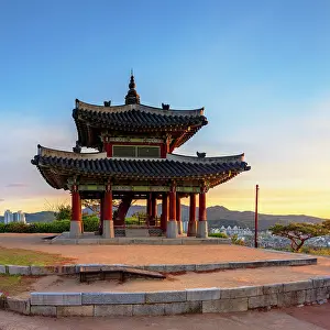 City Walls Prints: Western Command Post (Seojangdae) of Hwaseong Fortress (UNESCO World Heritage Site) at sunrise