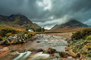 Highland Region Prints: White cottage along River Coupall, Glen Coe, Highland Region, Scotland