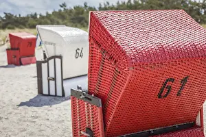 Beach Chair Prints: White and red beach chairs in Zingst, Mecklenburg-Western Pomerania, Northern Germany