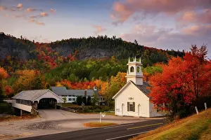 Timber Prints: White-steeple Church and covered bridge in autumn, Stark, New Hampshire, USA