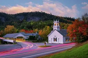 Timber Prints: White-steeple Church and covered bridge in autumn, Stark, New Hampshire, USA