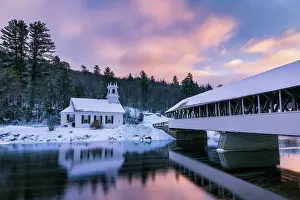 Timber Prints: White-steeple church and covered bridge in snow, Stark, New Hampshire, USA