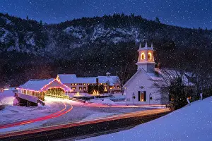 Timber Prints: White-steeple church and covered bridge in winter with holiday lights and light trails