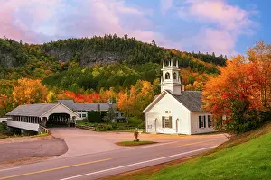Timber Prints: White-stepple hurch and covered bridge in autumn, Stark, New Hampshire, USA