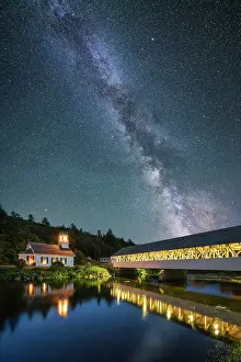 Timber Prints: White-stepple hurch and covered bridge under Milky Way, Stark, New Hampshire, USA