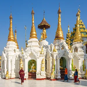 Stupas Prints: White temple in Shwedagon Pagoda complex, Yangon, Yangon Region, Myanmar