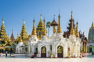 White temple in Shwedagon Pagoda complex, Yangon, Yangon Region, Myanmar