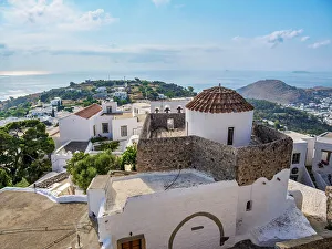 Cupolas Prints: Whitewashed Church of Patmos Chora, elevated view, Patmos Island, Dodecanese, Greece