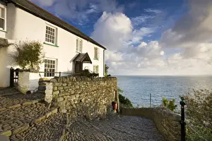 Whitewashed cottage and cobbled lane in the picturesque village of Clovelly, Devon