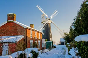 Norfolk Prints: Wicklewood Mill & Cottage in Winter, Wicklewood, Norfolk, England